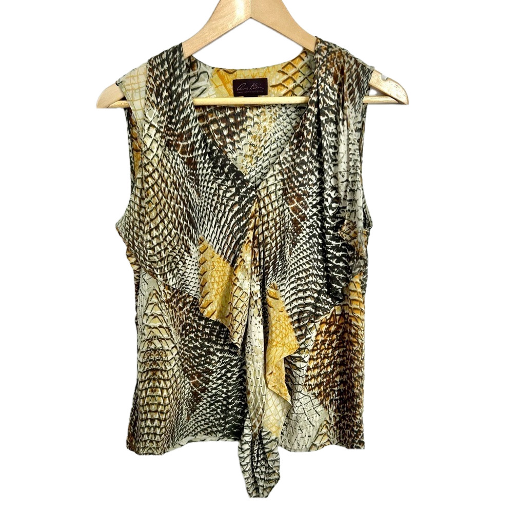 Anne Klein Collection silk print top wirh ruffle pattern yellow green